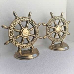 Vintage Brass Ship's Wheel Bookends - MCM